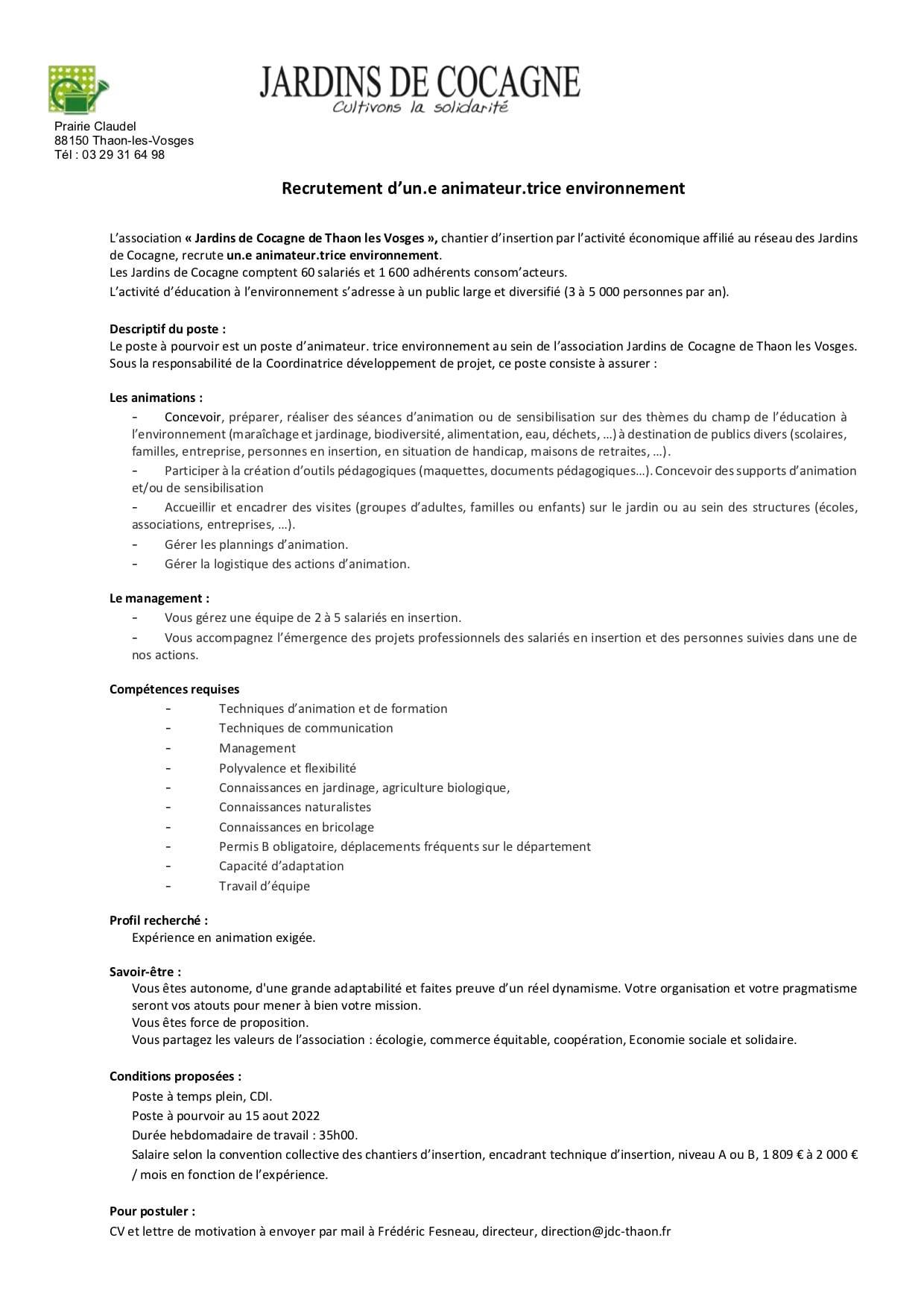 Offre Jardins De Cocagne Animateur.trice Environnement 2022